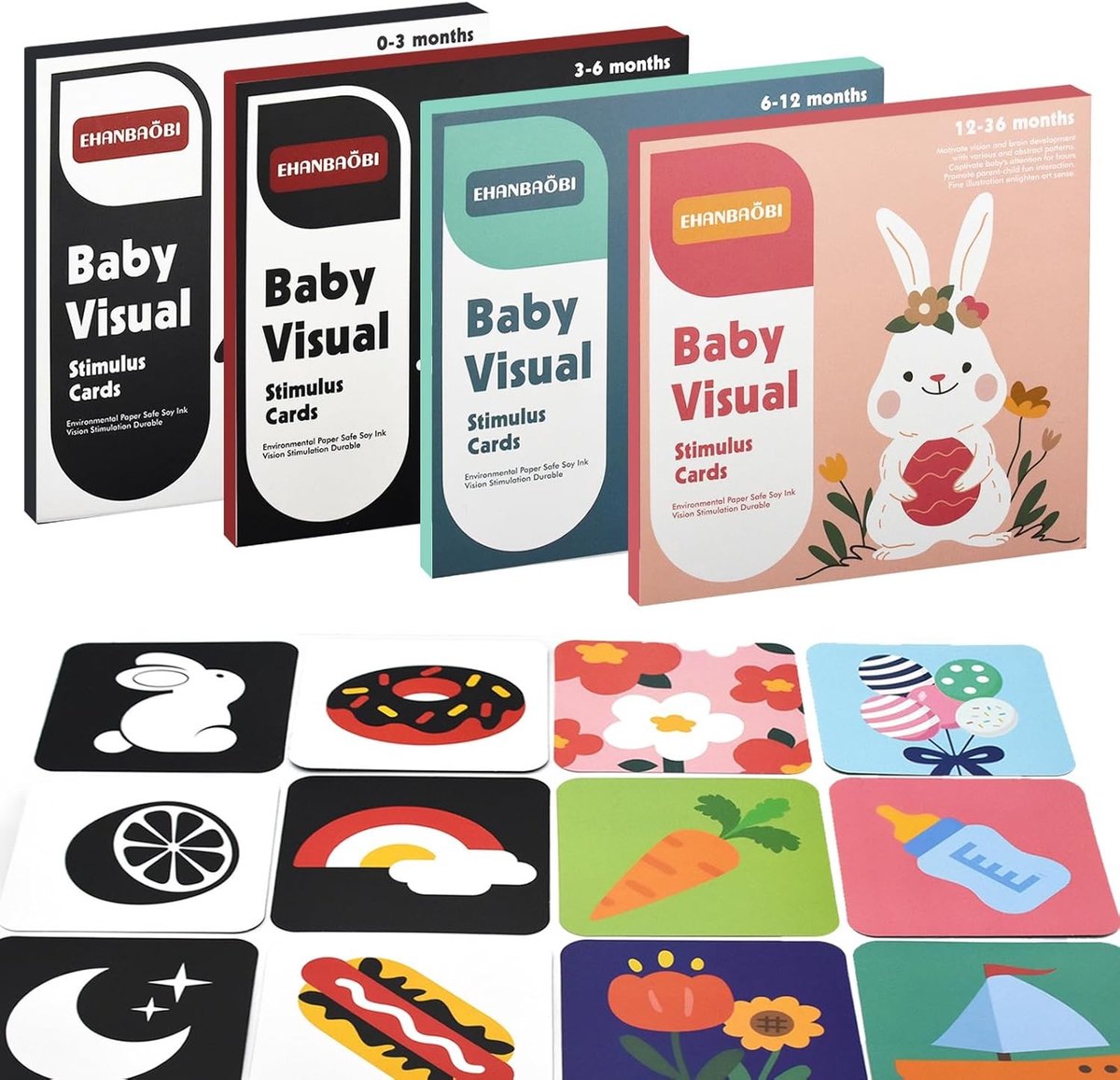 Set van 64 Contrasterende Kaarten voor Baby's van 0 tot 36 Maanden, Kleurige Sensory Speelgoed, Leerkaarten voor Visuele Stimulatie en Cognitieve Ontwikkeling