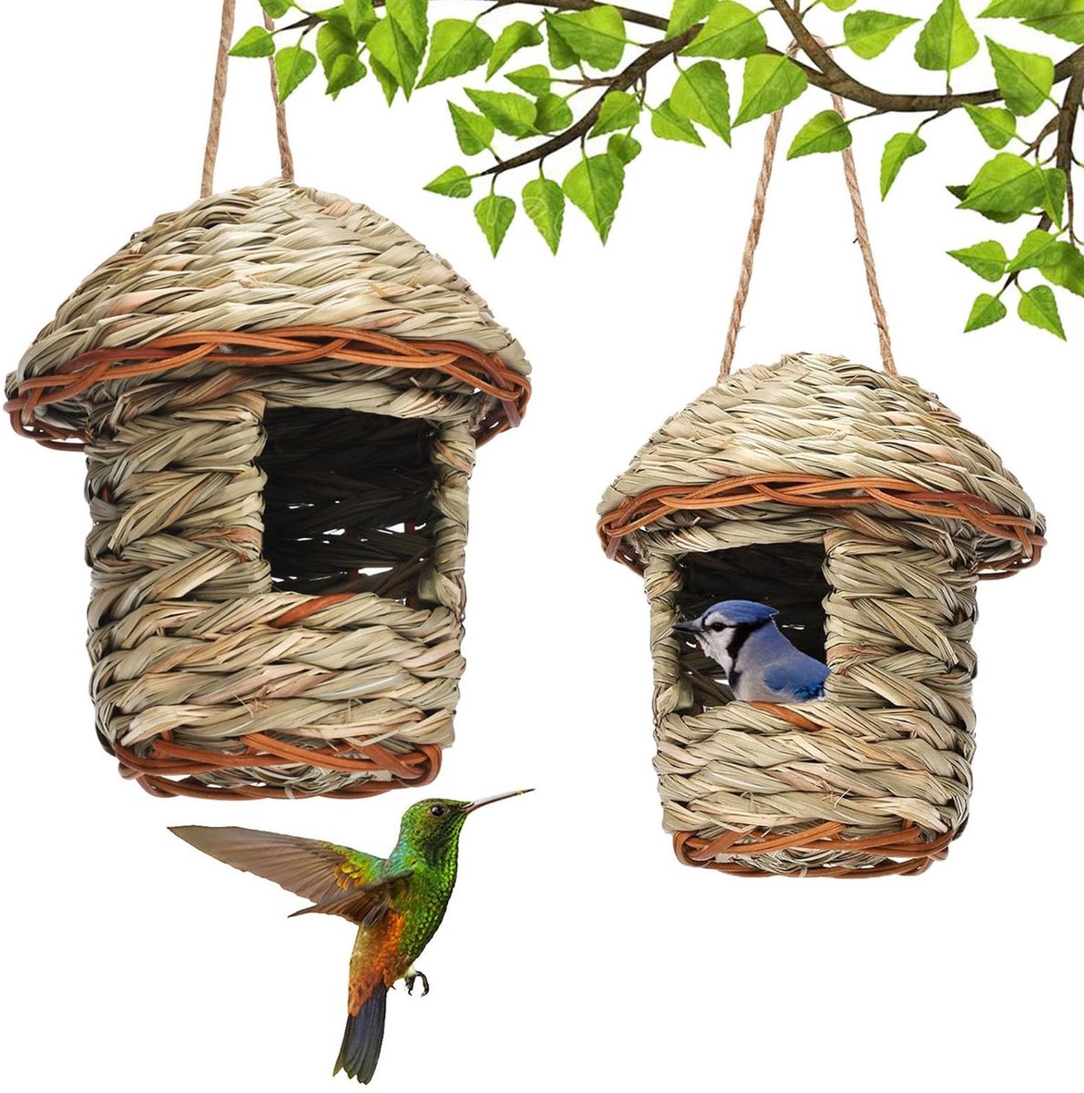Omgoods - Set van 2 Natuurlijke Vogelhuisjes om op te Hangen