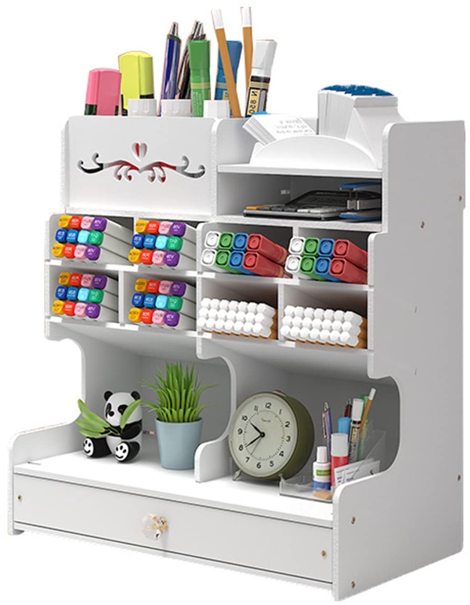 Omgoods - Multifunctionele Houten Pennenhouder met Lade voor Bureau