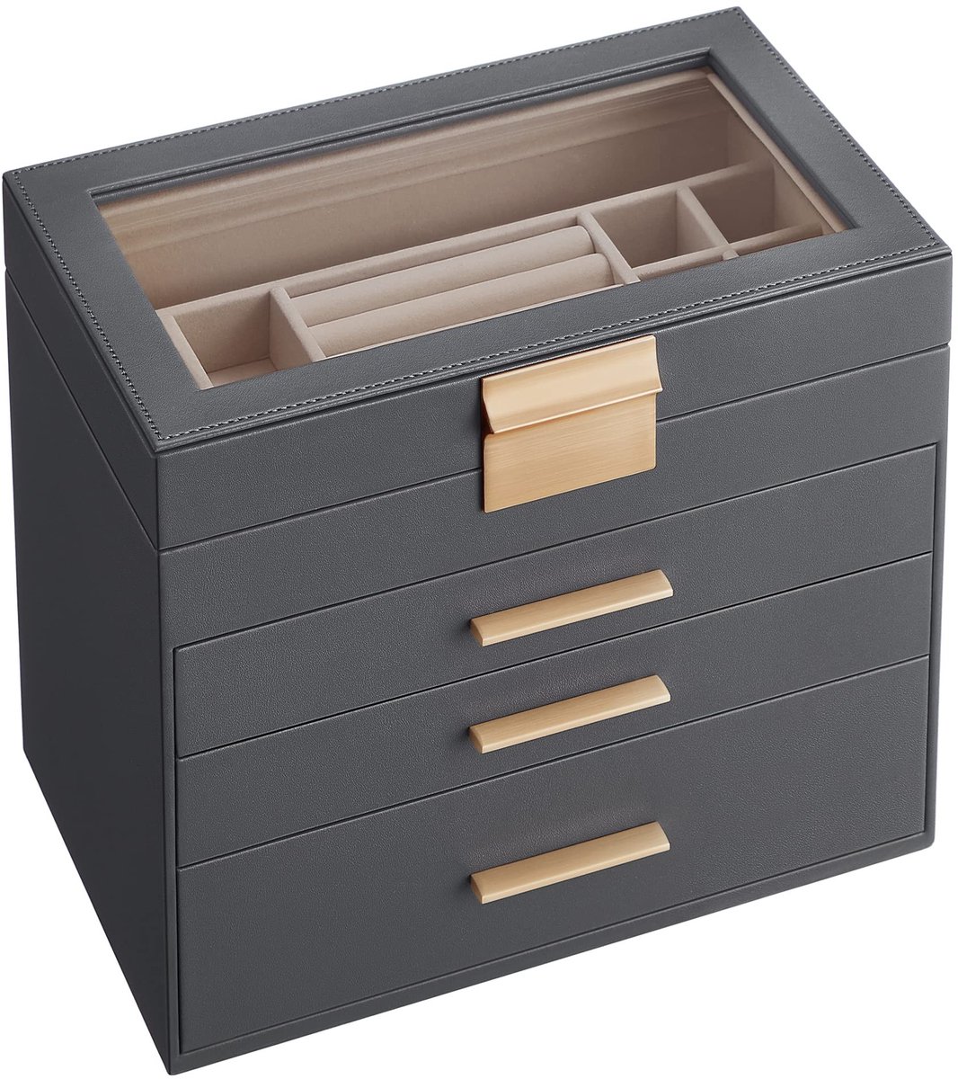 Omgoods - Sieradenbox met Glazen Deksel en 4 Compartimenten