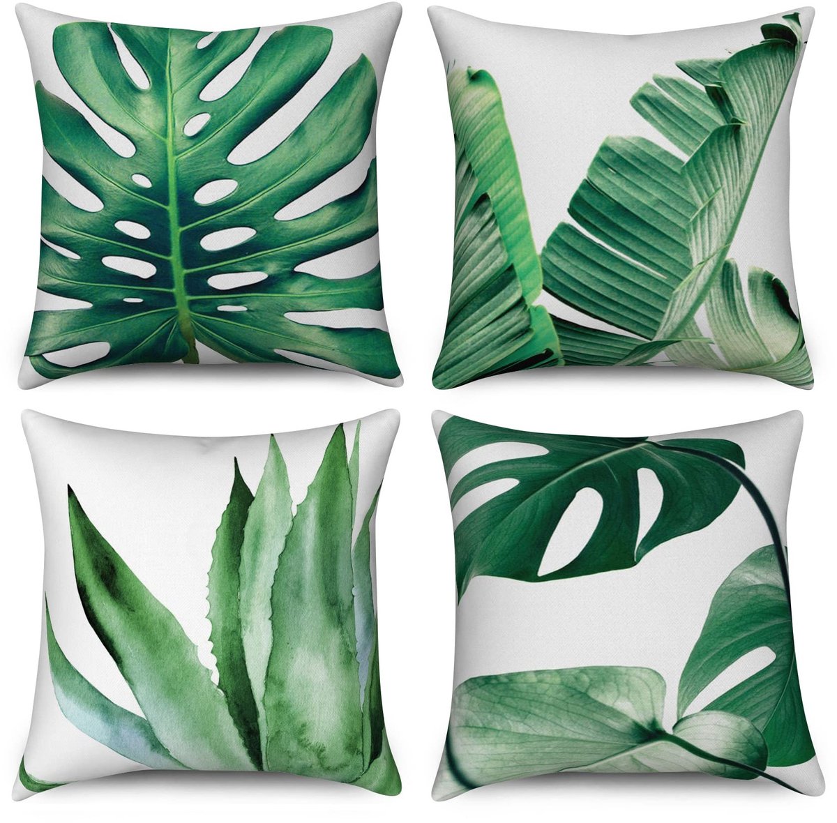 Omgoods - Set van 4 Tropische Kussenhoezen 50 x 50 cm met Bananen- en Monstera Bladeren