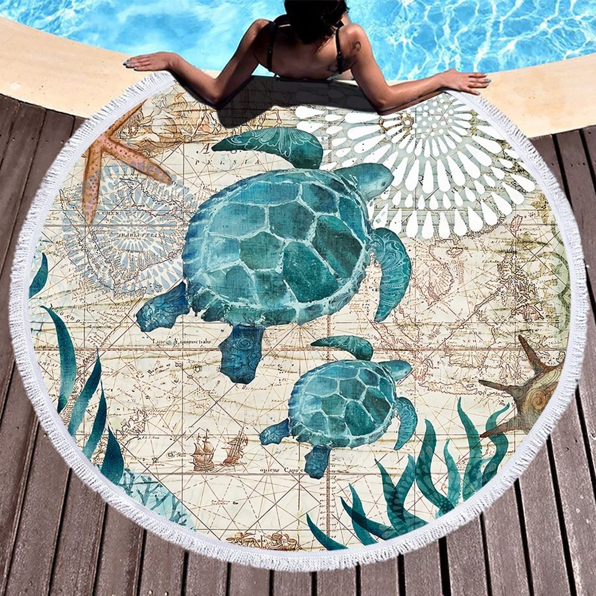 Omgoods - Rond Strandlaken Microvezel XXL - Zeedier Print 150cm met Kwastjes