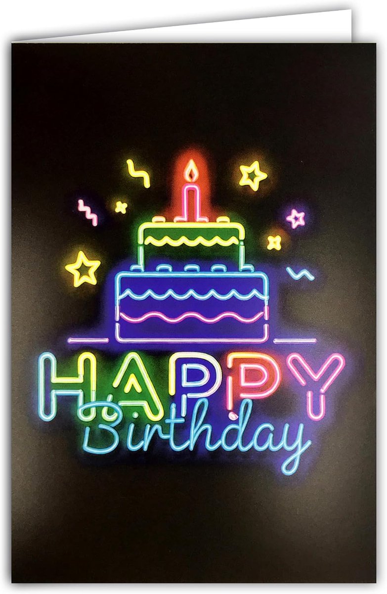 69-8120 Fluo-kaart, tekst Neon Happy Birthday met envelop 12 x 17,5 cm, verjaardagstaart, kaars, sterren, binnen, wit, om te schrijven, echte fluo-inkt, gemaakt en geproduceerd in Frankrijk