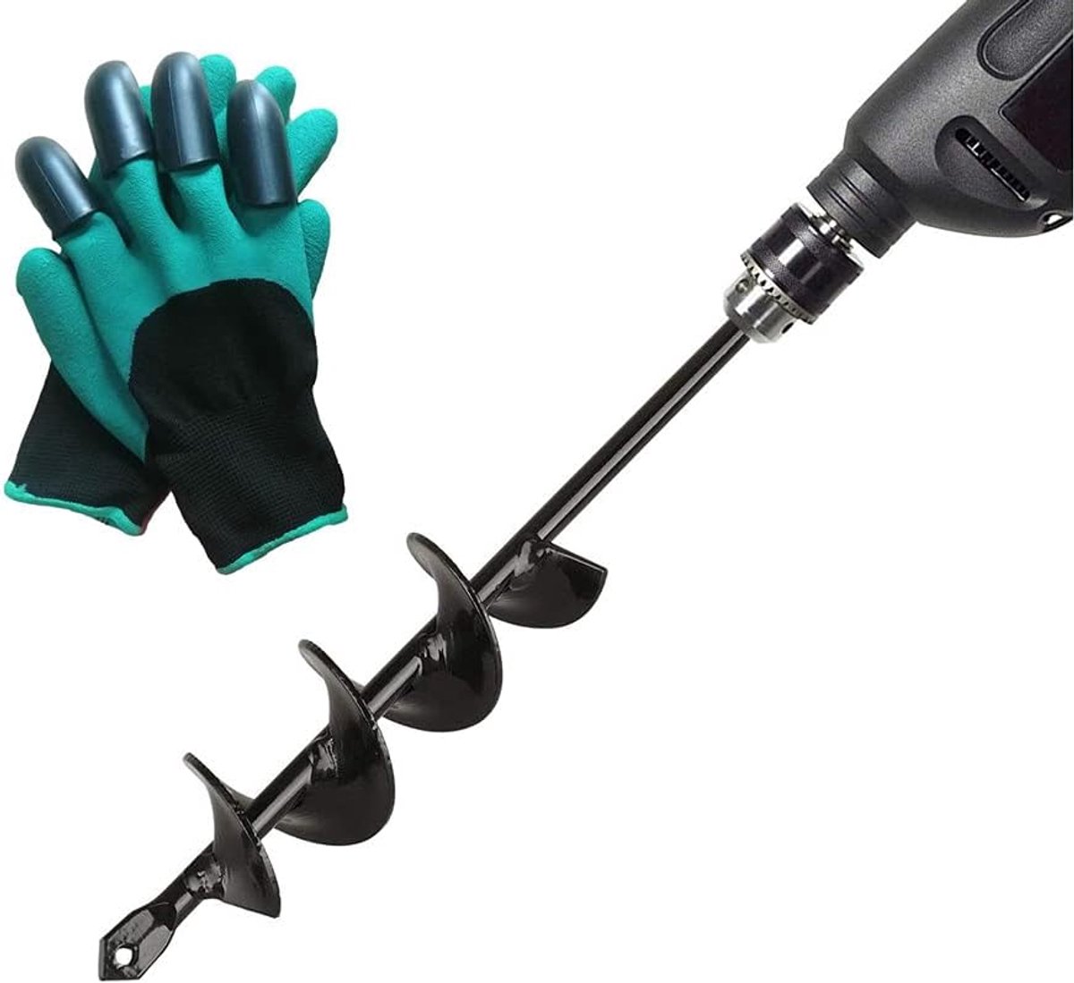 SnelShoppen - Earth Auger boor met tuinhandschoenen voor snel planten van zaailingen bloembollen, hoogwaardig staal, zwart, veelzijdig gebruik voor tu