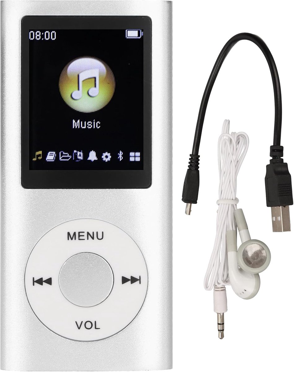speler Stijlvolle Multifunctionele Muziekspeler Zonder Verlies met Koptelefoon, Slank 1,8 Inch Lcd-scherm Draagbare MP3-muziekspeler, Ondersteuning voor 64G-geheugenkaart(Zilver)