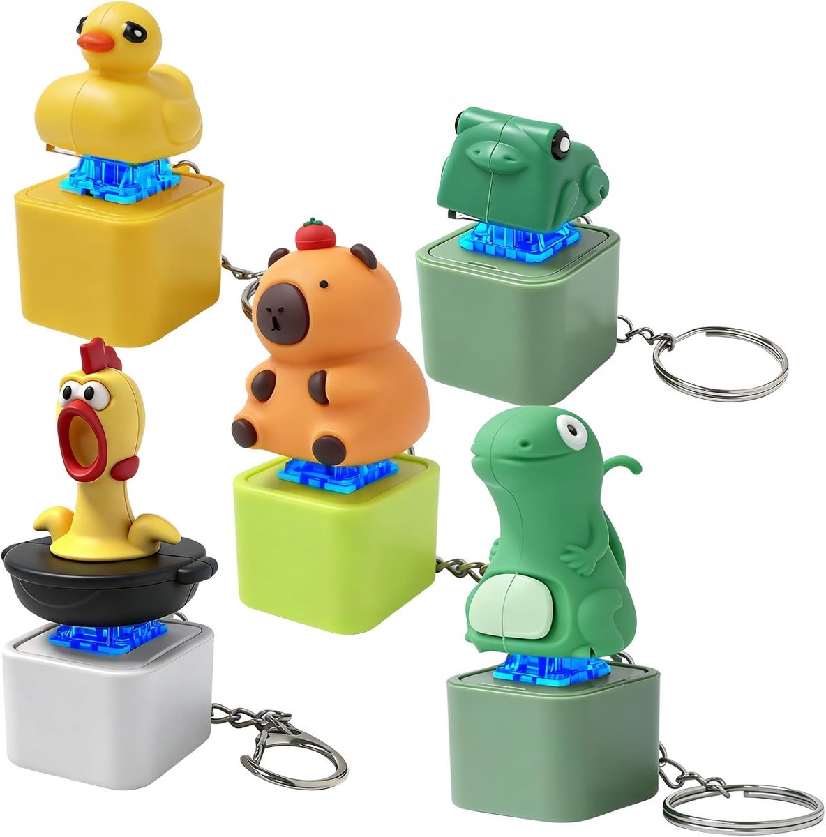 5 stuks eendensleutelhangers Quak, hagedis button, kwakende kikker Capybara sleutelhanger met geluid, eendenquak, grappige hagedis sleutelhanger geluid, met lichten en geluiden