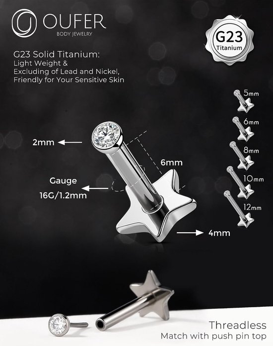 Body Piercing 16G Helix Piercing Jewellery Titanium Tragus Earrings Threadless Flat Back Earrings Stud Push in Ear Piercing Helix Stud Cartilage Bar 5/6/8/10/12mm Conch Tragus Piercing Jewellery — afbeelding 3
