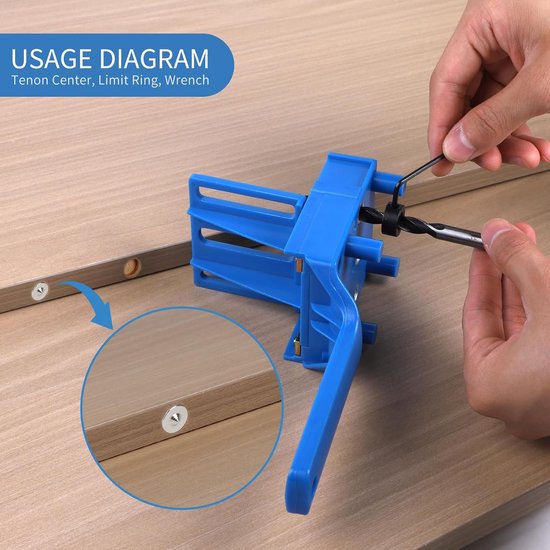 Boorsjabloon, pluggenhulp, pluggenmes, boorhulp, verticaal boren, pluggeninrichting met 6 mm, 8 mm, 10 mm, boor, houtpluggen, centreerpunt, boorgeleiding voor pluggaten, houtbewerking, blauw — afbeelding 4