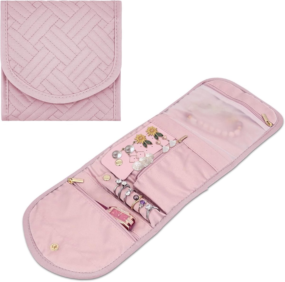 Organizer voor op reis, opvouwbare tas voor ringen, oorbellen, horloges, halskettingen en armbanden (roze)