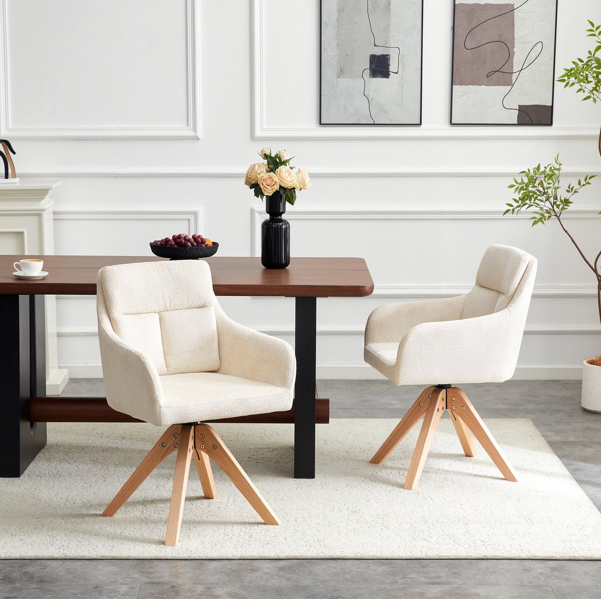 MIVRAY Eetkamerstoel 87 Cm - Set Van 2 Draaibare Kuipstoelen Met Hoge Rugleuning En Armleuningen - Voor Eetkamer En Thuiswerkplek - Velvet Hout - Hellbeige