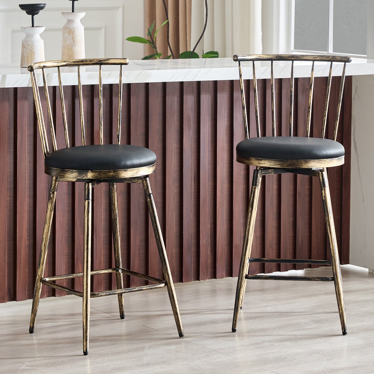 MIVRAY Barkruk 96 Cm - Windsor Rugleuning En Gevoerde Zitting - Voor Keuken Eiland Bar En Restaurant - Metaal - Zwart Bruin