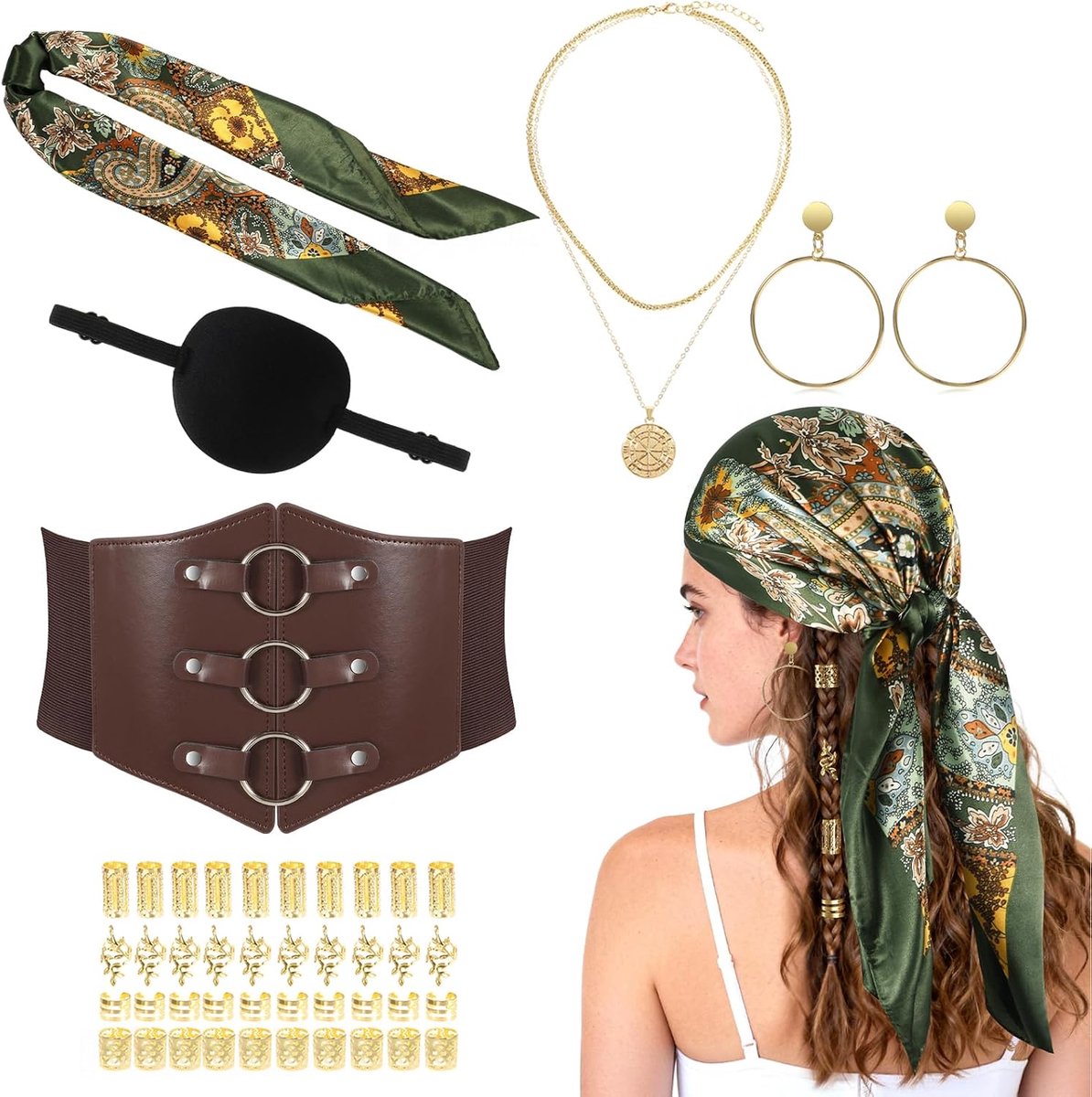 Piratenkostuum voor dames, piratenhoofddoek, oogklep, piratenhanger, halsketting, oorbellen, haaraccessoires, piraten voor piratenkostuums, Halloween carnaval kostuum
