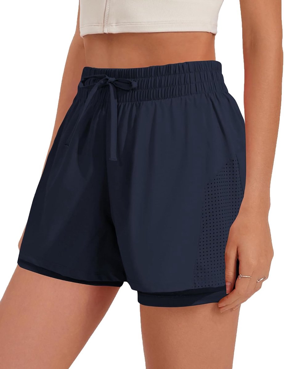 Sportbroek voor dames, korte 2-in-1 sportshorts met zakken, hoge taille, hardloopbroek voor dames, sneldrogende trainingsbroek, hardloopshorts, fitness, yoga, joggen