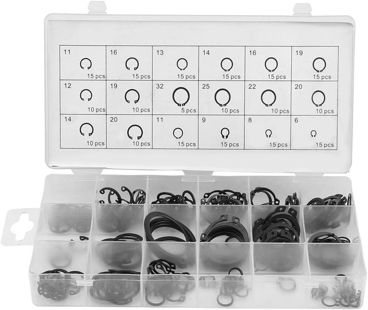 225-delige set met clips, bijpassende circlips, drukhouder, binnen/buiten, circlips type 18 maten