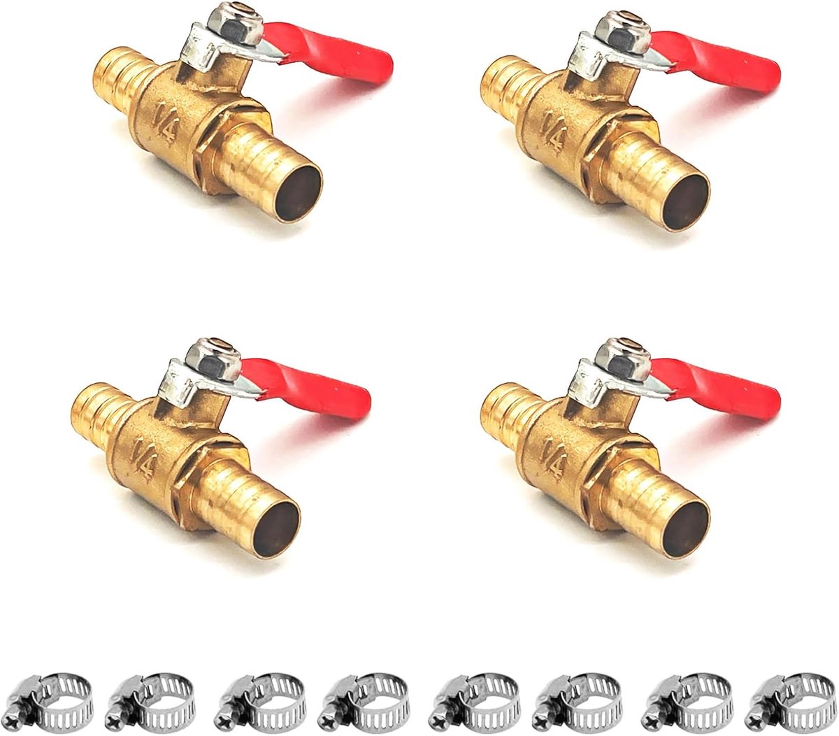 4 Stuks 10mm 2 Way Straight Barb Afgesloten Kogelkraan, kogelventiel van messing met weerhaak, kogelkraan, afsluitventiel met 8 klemmen voor luchtgas, brandstofleiding, afsluiting (10mm)