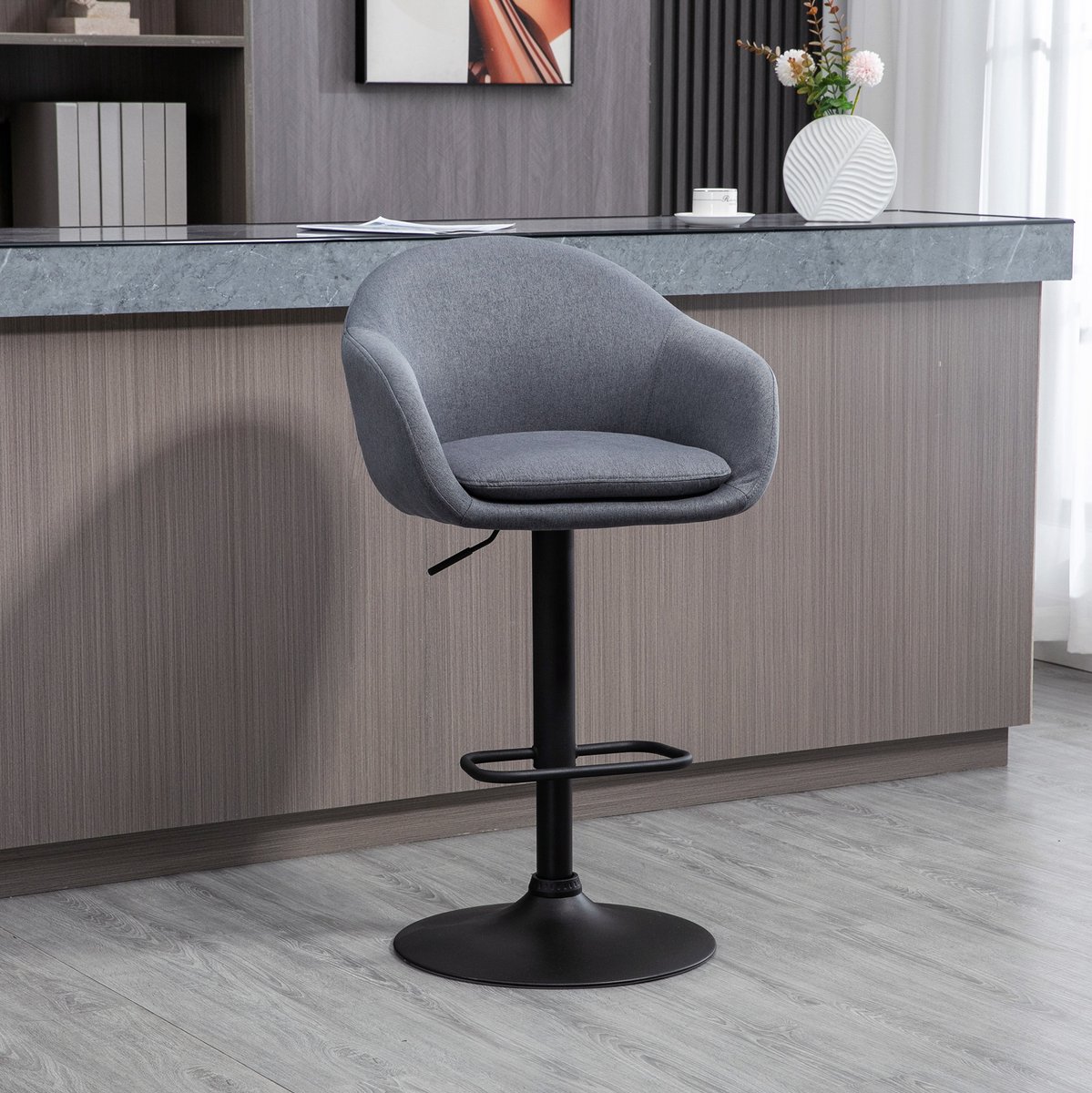 COVREO Barkruk 54 x 54 x 112 cm donkergrijs, stof met rugleuning en voetsteun