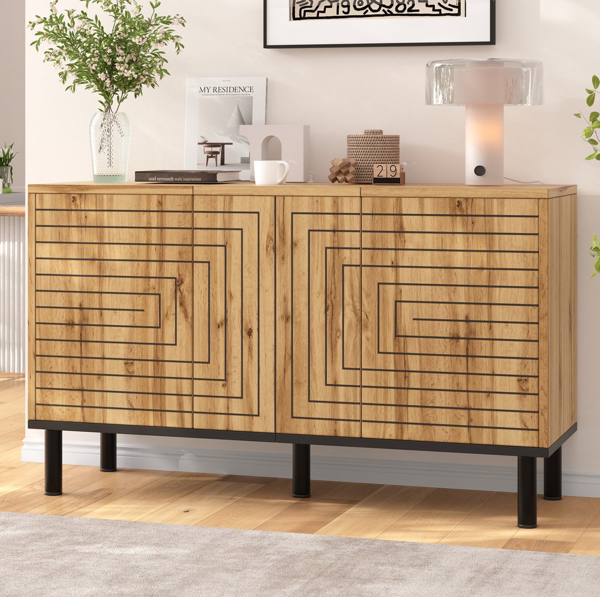 FloraGrace Dressoir - 3 Deuren Met Drukopening En Golfpatroon - Voor Woonkamer En Eetkamer - Houtkleur MDF En Spaanplaat - 120x35x68 Cm