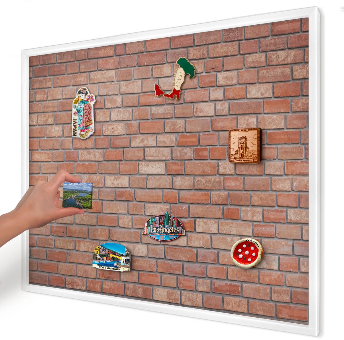 Artprintcave Bruin Magneetbord mit Witte Lijst - 80x60 cm - Bakstenen Muur Magneetbord Voor Foto's - Industrieel/Loft Magnetisch Bord - Texturen