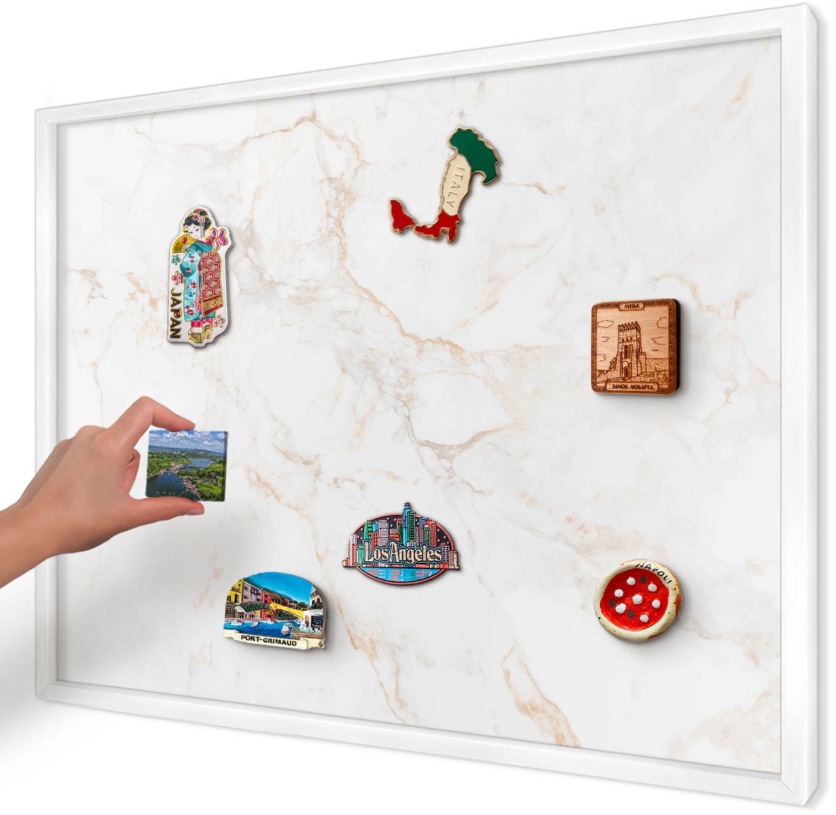 Artprintcave Wit Magneetbord mit Witte Lijst - 70x50 cm - Marmeren Elegantie Magnetische Organizer - Modern Memobord Keuken - Texturen