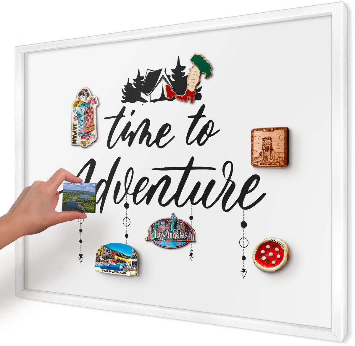 Artprintcave Wit Magneetbord mit Witte Lijst - 70x50 cm - Avontuur Wacht. Magnetische Organizer - Minimalist Magneetbord Voor Foto's - Teksten