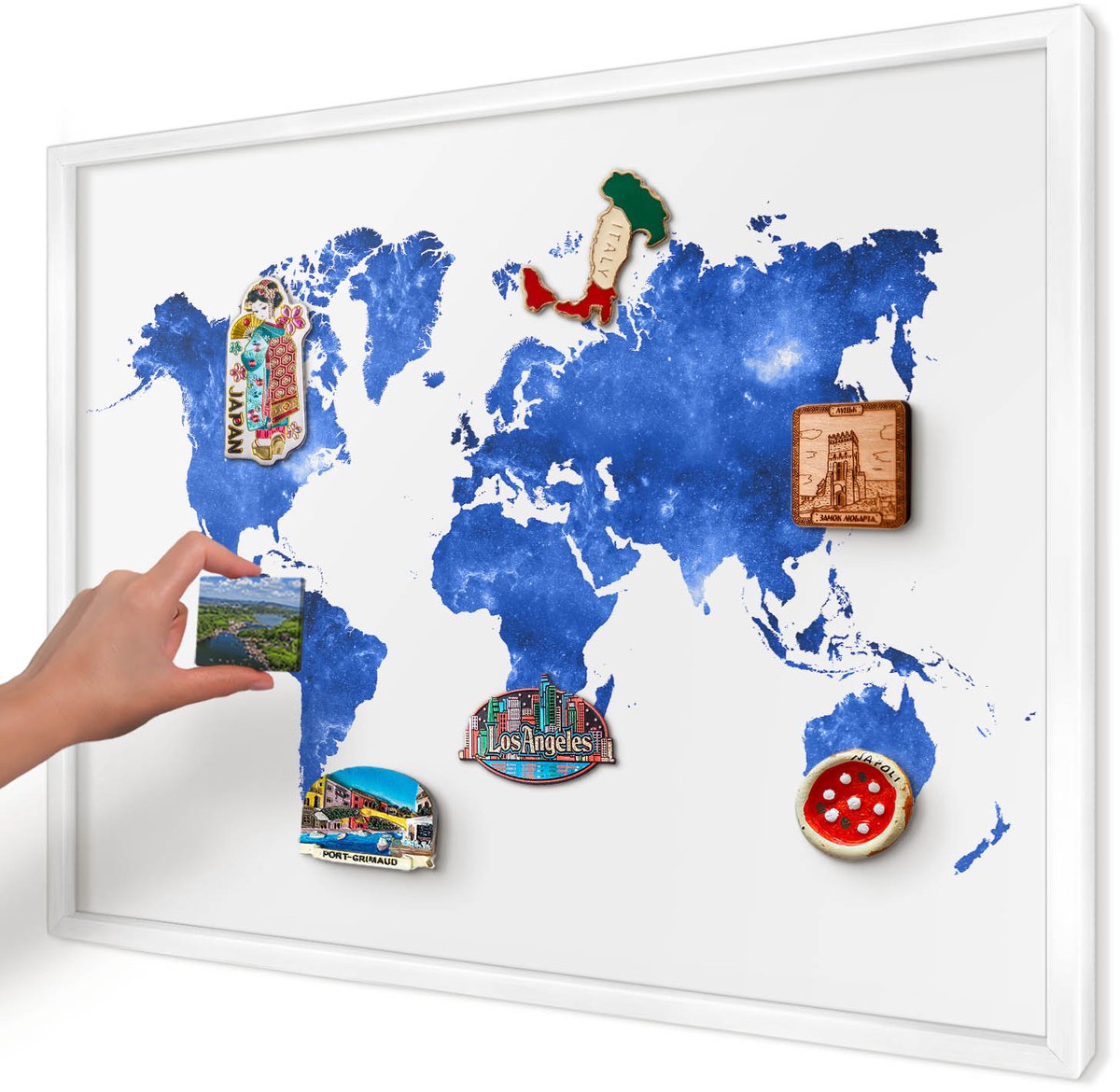 Artprintcave Blauw Magneetbord mit Witte Lijst - 70x50 cm - Wereldkaart Notitiebord - Abstract Memobord Keuken - Kaarten