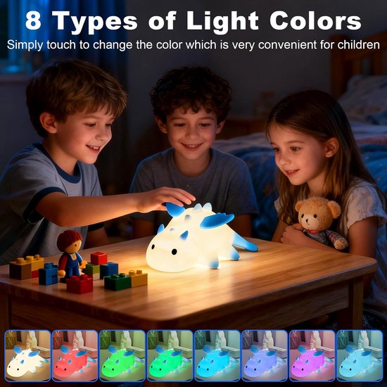 Nachtlampje in de vorm van een draak voor kinderen - 7-kleuren LED-nachtlampje - Met timer - Zacht - Dimbaar - Siliconenmateriaal - Magnetische functie - USB-oplaadbaar (1200 mAh) - Een cadeau voor baby's, meisjes en jongens - Blauw — afbeelding 4