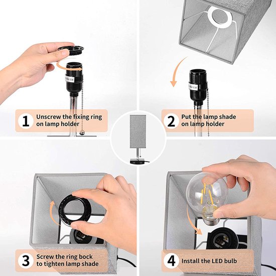 Slaapkamerlamp - Nachtlampje - Leeslamp - Vierkante grijze stoffen nachtlamp - Met twee USB-oplaadpoorten - Geschikt voor slaapkamers, kantoren, logeerkamers en kinderkamers - Grijs — afbeelding 3