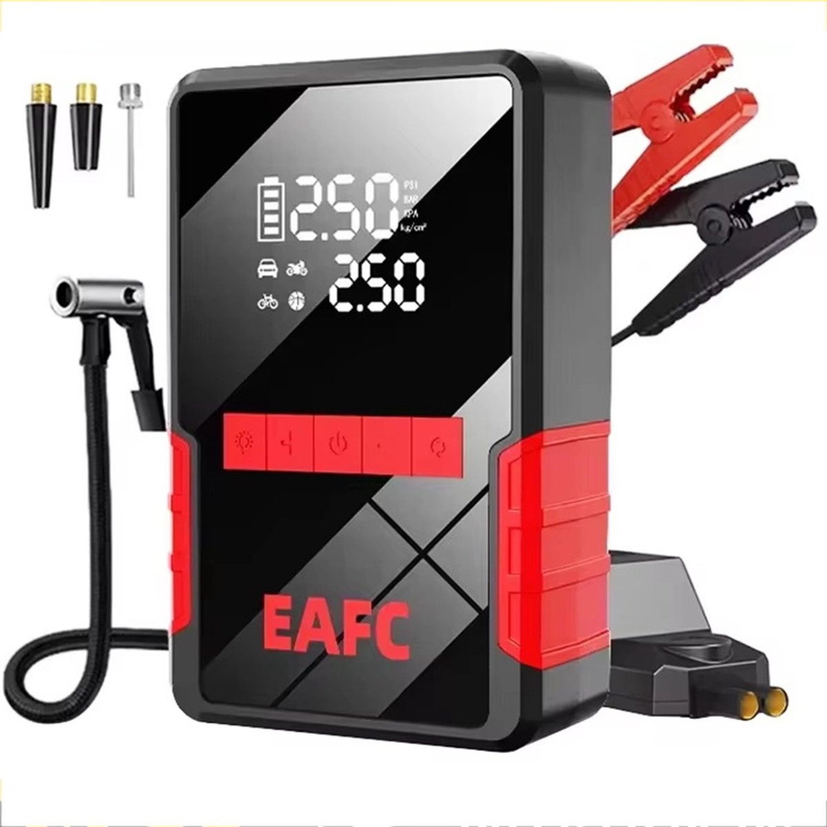 EAFC 12V 4-in-1 Jumpstarter voor Auto met Compressor - 1200A / 10.000 mAh Powerbank - Startkabels - Snellader USB C - Bandenpomp Tot 10.3 Bar 35l/min - LED Zaklamp - SOS Noodlicht - Noodpakket - Alle Voertuigen - Booster - Incl. Opberghoes