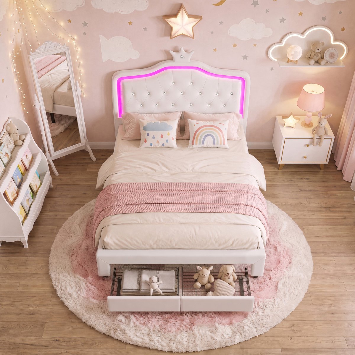 Kinderbed tweepersoonsbed 140x200 cm, prinsessenbed met hoofdbord verlichting en opberglade, gestoffeerd pu bed met verstelbaar hoofdbord, wit, zonder matras