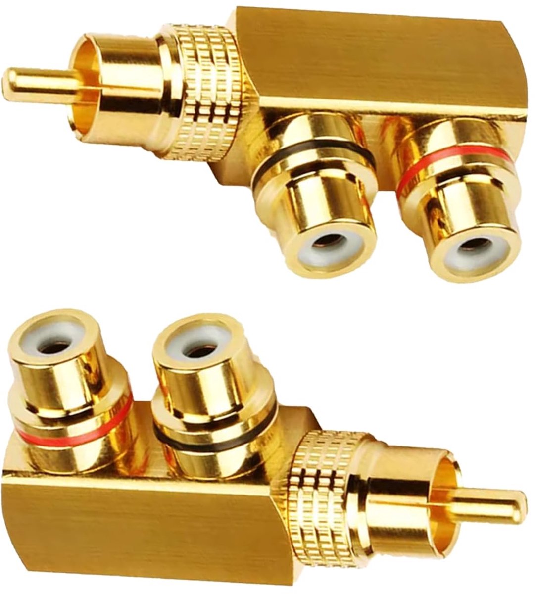 SnelShoppen - 2 Stuks RCA Splitter Adapter, 90 Graden Rechte Hoek Cinch Plug naar 2 Bushings, AV Audio Video Adapter, Koper Geplateerde F-Vorm Divider