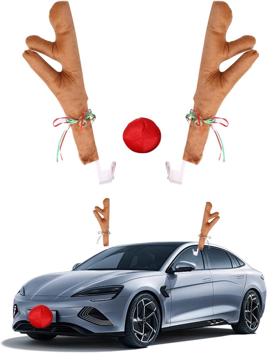 Kerstdecoratie auto - Reindeer Antlers set - Khaki antlers + rode neus - Creëer een feestelijke sfeer - ShopVlot