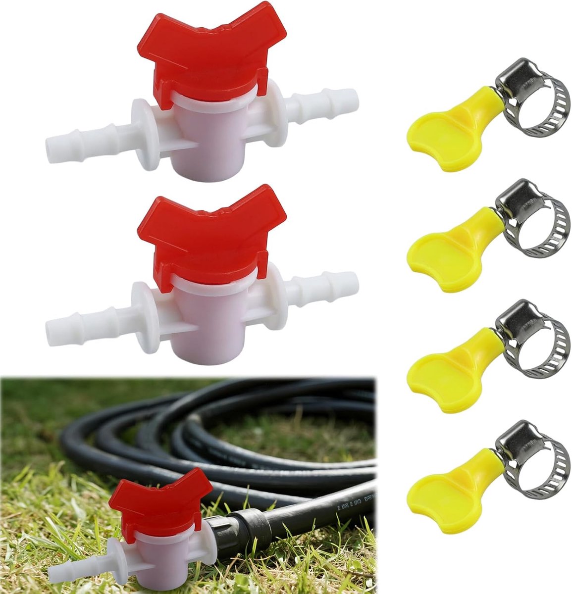 SnelShoppen - Set van 2 Tuinslang Controlekleppen met 4 Slangklemmen – 10 mm voor Irrigatiesystemen, Geschikt voor Tuin, Patio, Kas
