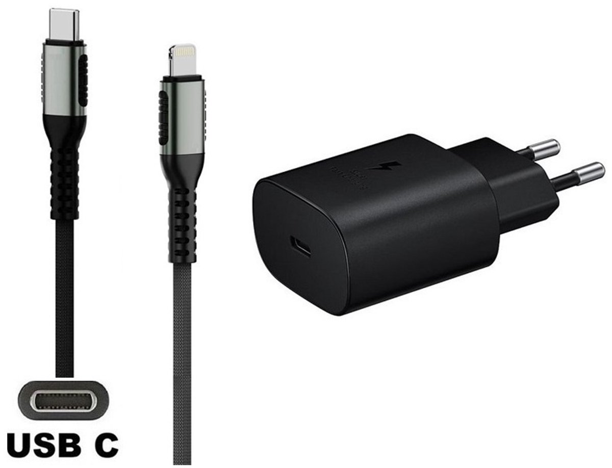 OneOne 25W super snellader en screenprotector van glas voor iPhone 13 Pro Max en iPhone 14 Plus + 0,25m USB C naar Lightning kabel. PD lader. Universele oplader adapter. Glazen screenprotector past op Apple iPhone 13 Pro Max & iPhone 14 Plus