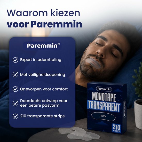 Man slaapt met transparante mondtape. Doos met 210 paremmin mondtape strips.