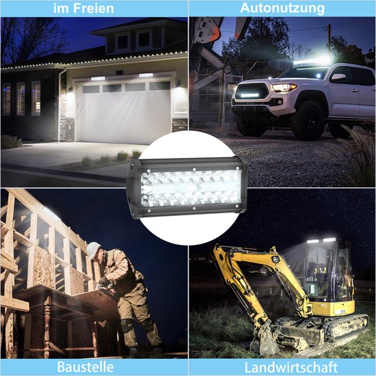 Collage toont toepassingen van de LED-lichtbalk: verlichting van een huis, een pick-up truck, een bouwplaats en een graafmachine.