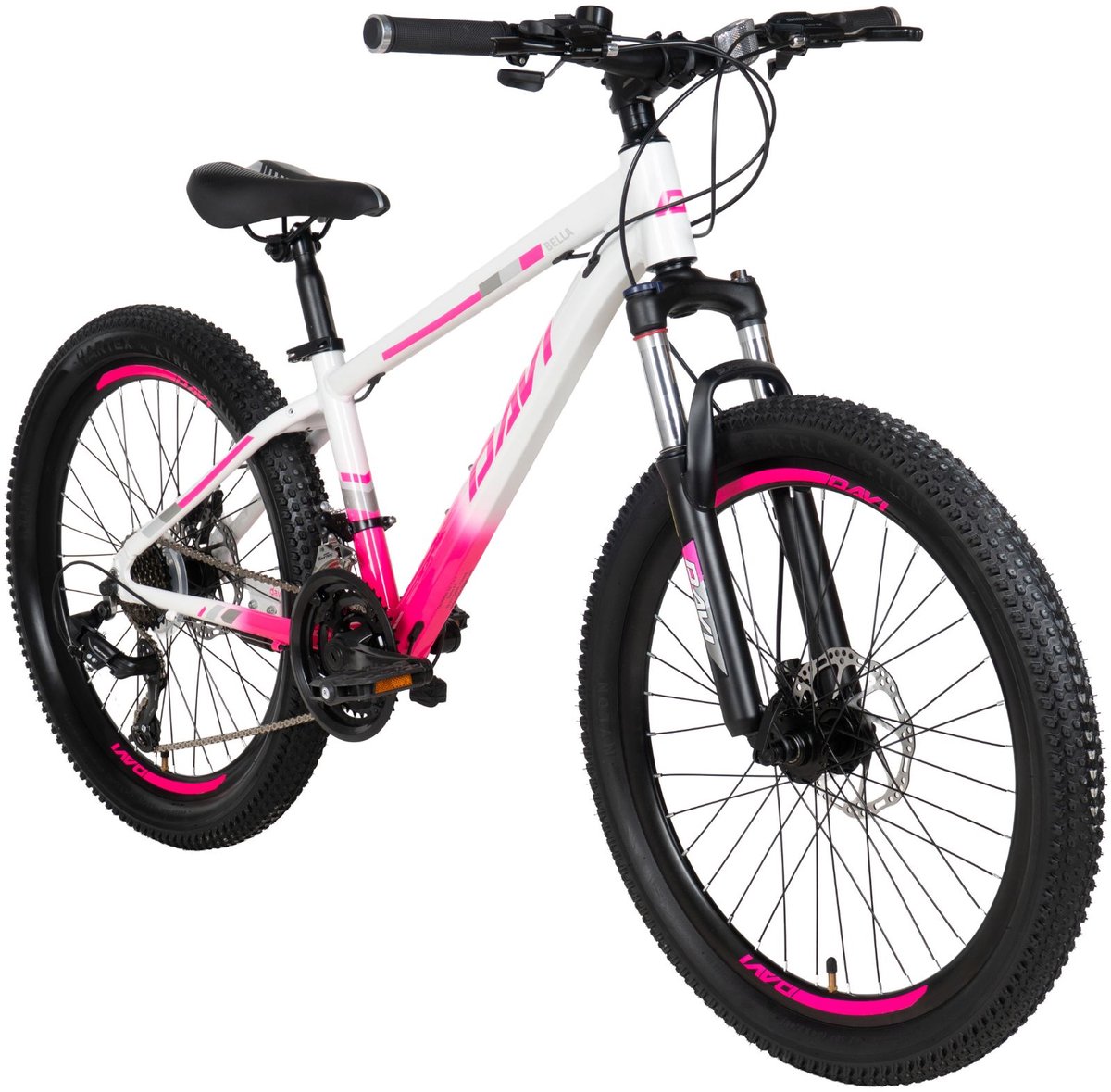 Davi Bella – Kinderfiets – 24 inch – 21 versnellingen – Shimano – Schijfremmen – 130-160 cm – Roze Wit – Meisje