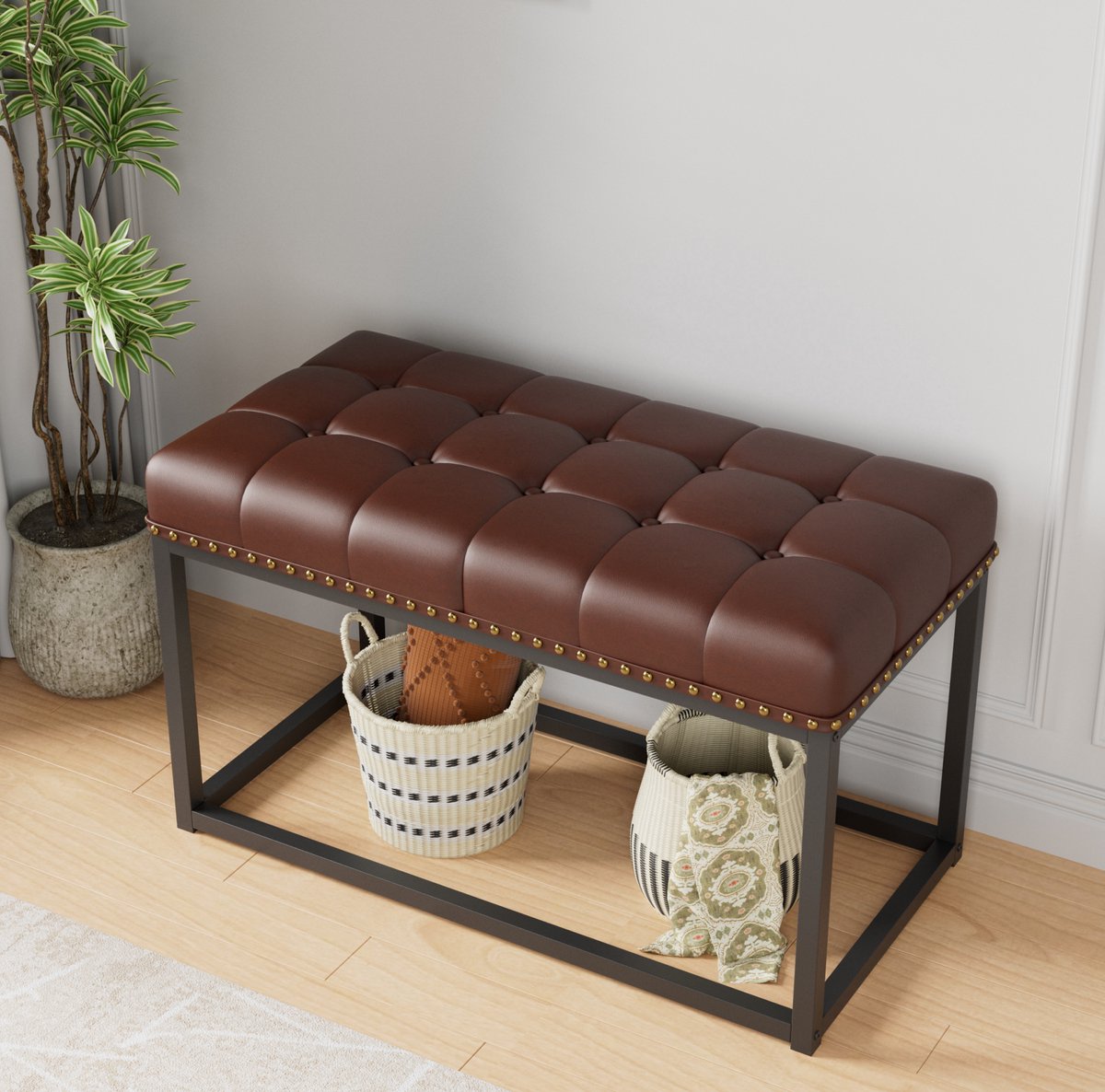 Bankje – 90 x 46 x 52 cm – Gecapitonneerde Zitting van Kunstleer – Zwart/Bruin – Metalen Frame