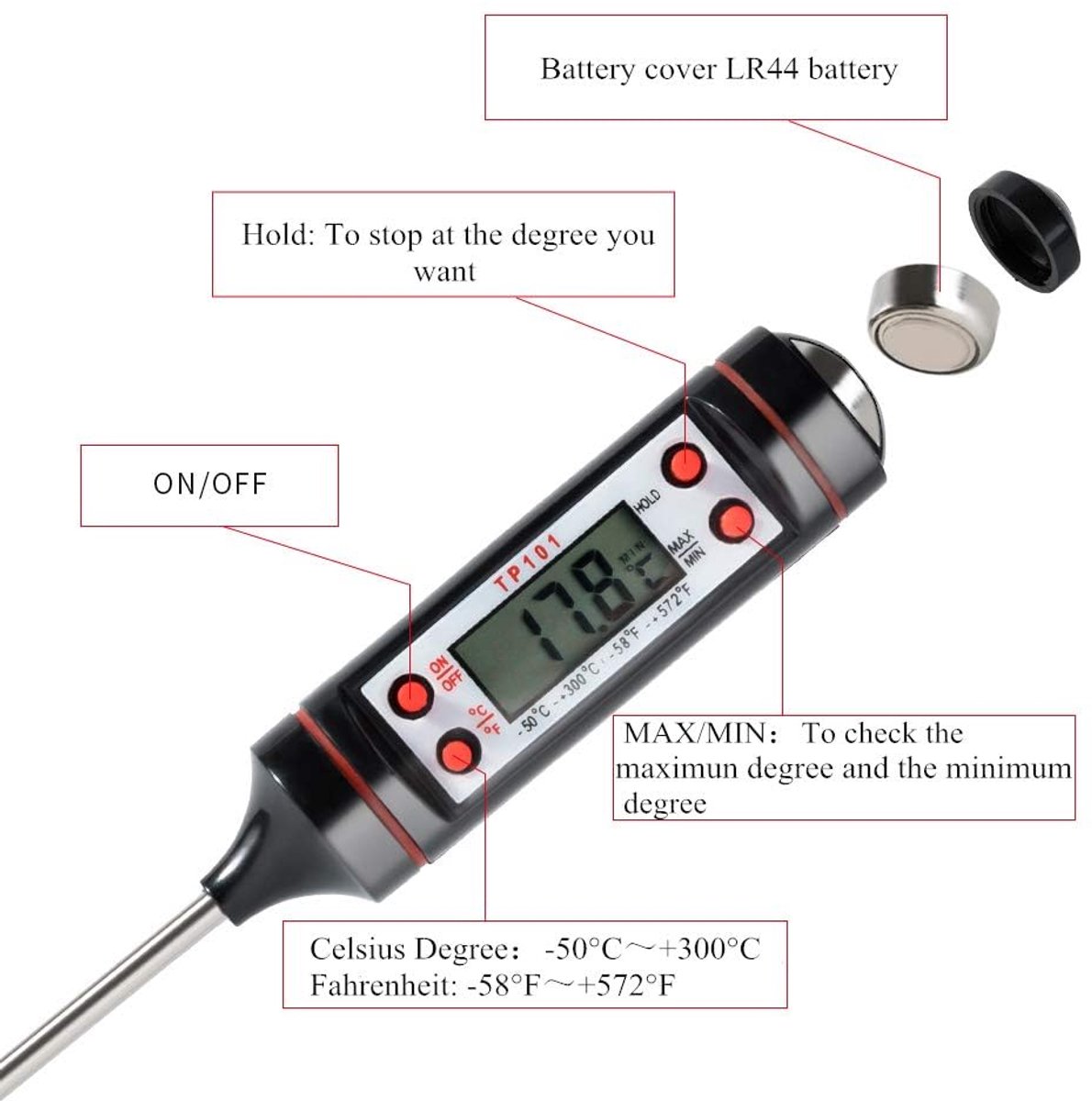 SnelShoppen - Roestvrijstalen Grillthermometer met 14,5 cm Sonde - Nauwkeurige Temperatuurmeting voor Vlees, BBQ, Keuken, Tuin - Temperatuur van -50 °