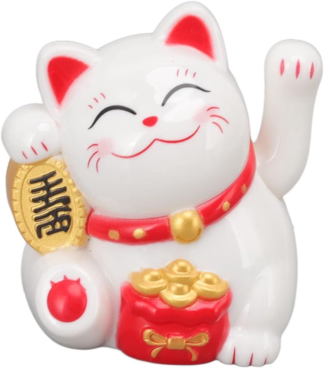 SnelShoppen - Geluks kat Chinese Decoratie Zwenkende Arm Zonne-energie Licht Inductie Beeldje voor Thuis Auto Ornamenten (Zittend Zijwaarts Wit)