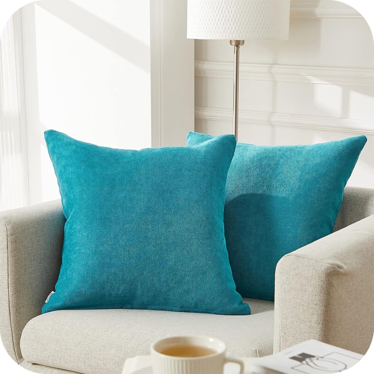 Set van 2 Teal Kussenhoezen 40x40 cm Chenille Decoratieve Kussens voor Sofa en Slaapkamer met Verstevigde Hoeken