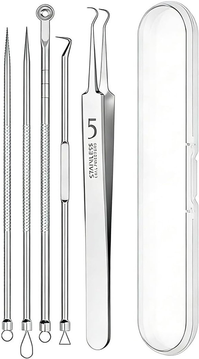 Pimple expressie-tool set van 5 - roestvrij staal - met opbergetui - voor een gezonde huid - SnelShoppen