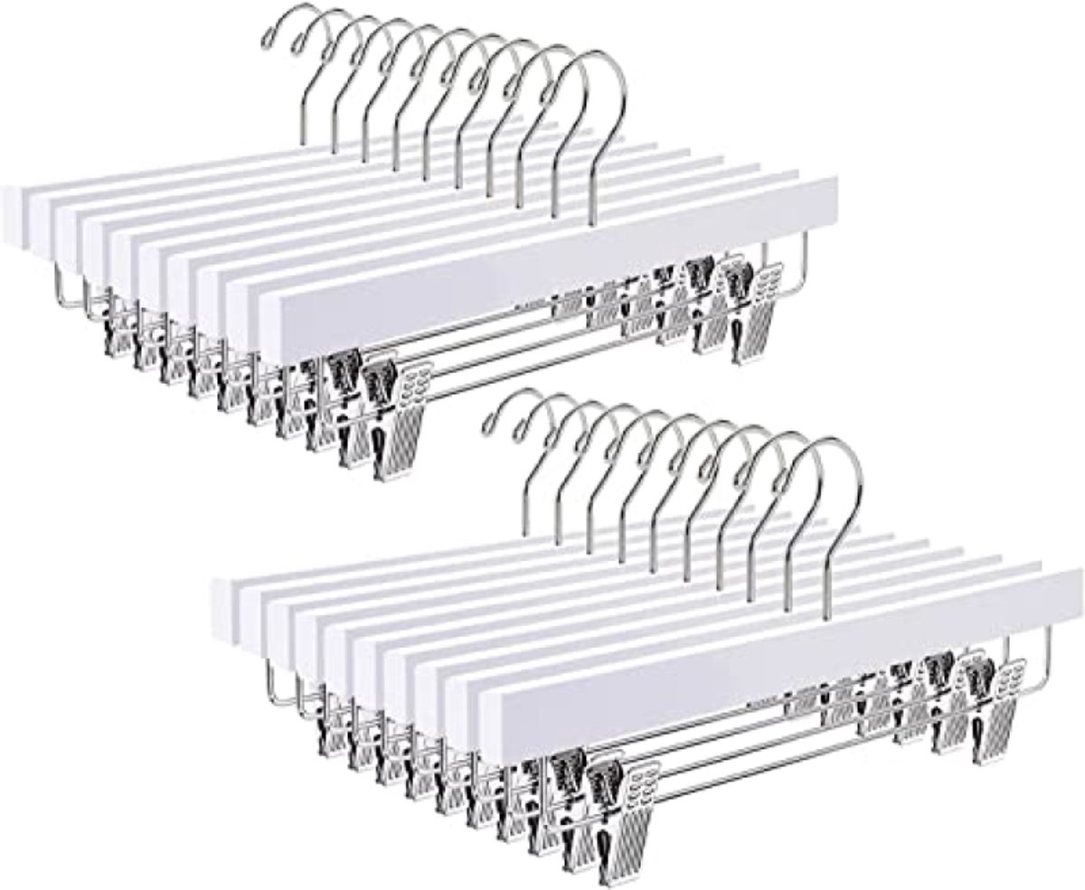 Huis Geluk 35,5 cm witte houten broekhangers 20 stuks, gladde houten rok hanger met verstelbare anti-slip chromen clips, ruimtebesparend massief kledinghangers rek voor broeken jeans