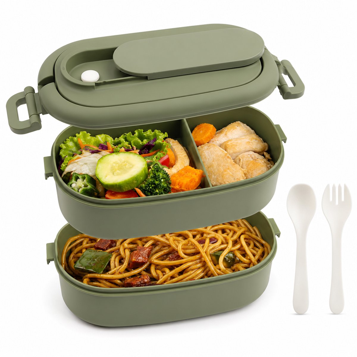 Lunchbox met 2 etages - Bento box volwassenen - 1550 ml - 3 vakken - Lekvrij ontwerp - Bestekvak - BPA-vrij - Magnetronbestendig - Vaatwasmachinebestendig - Groen
