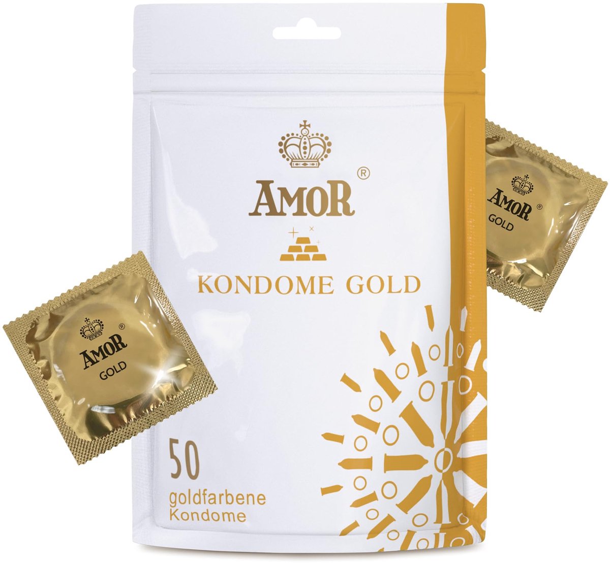 AMOR Premium Condooms, Met extra dunne of dikke wanddikte, Kleur Goud, Ø 53 mm, 50 stuks, Ideaal voor mannen