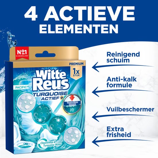 Witte Reus Turquoise Actief toiletblokverpakking met 4 actieve elementen: Reinigend schuim, Anti-kalk formule, Vuilbeschermer, Extra frisheid.