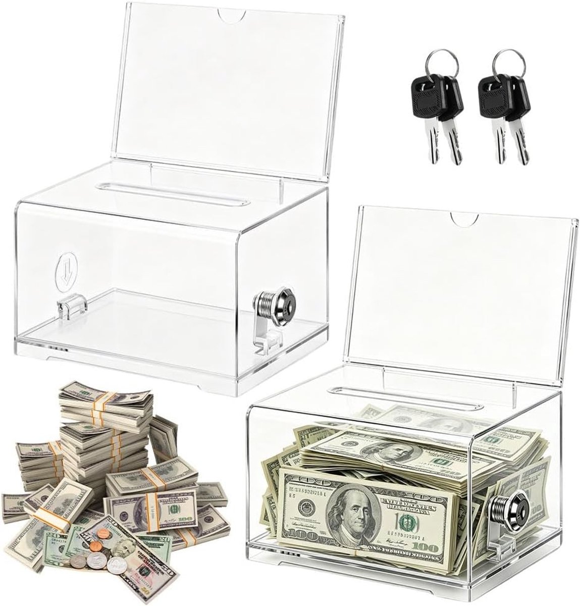 Acryl donatiebox met slot en bordhouder, transparante voorsteldoos voor fondsenwerving, tipcollectie en stemnotities, 16 x 11,8 x 10 cm, set van 2 stuks