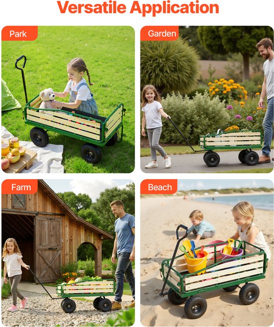 Kinderhandkar, 102 cm, Transportkar met Duwstang, Gemaakt van Hout en Metaal, Max. Draagvermogen van 150 Kg, Geschikt voor Kinderen Vanaf 5 Jaar, Ideaal voor Tuin, Uitstapjes en Strand, Groen en Geel — afbeelding 5