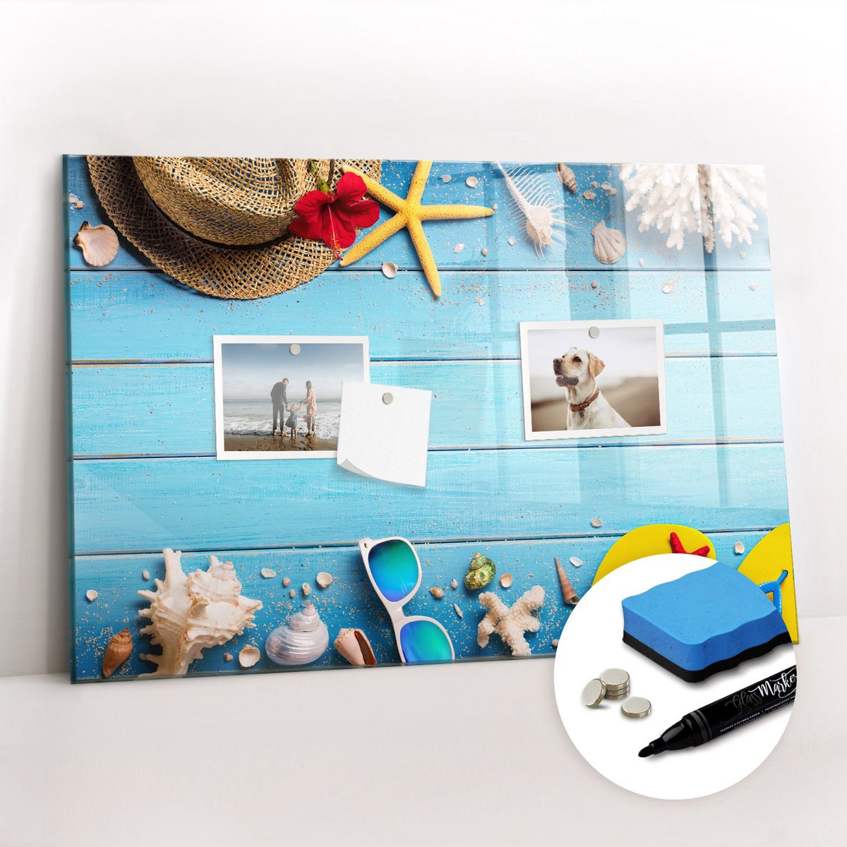 Tulup Whitebord - Zomerse strandaccessoires - 60 x 40 cm - Veelkleurig Memo Bord - Gratis 5 Sterke Magneten + Whiteboard Marker & Wisser - Scandinavisch Design Bord - Memobord Magnetisch - Notitiebord Werkplek