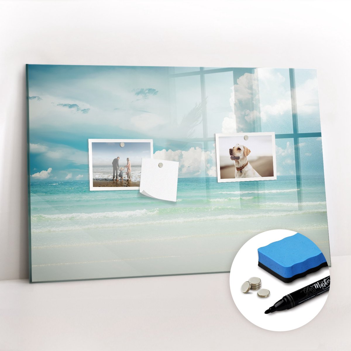 Tulup Whitebord - Zeelandschap - 60 x 40 cm - Blauw Foto Magneetbord - Gratis 5 Sterke Magneten + Whiteboard Marker & Wisser - Wanddecoratie Kantoor - Magneetbord Foto - Ideeënbord Thuiswerkplek