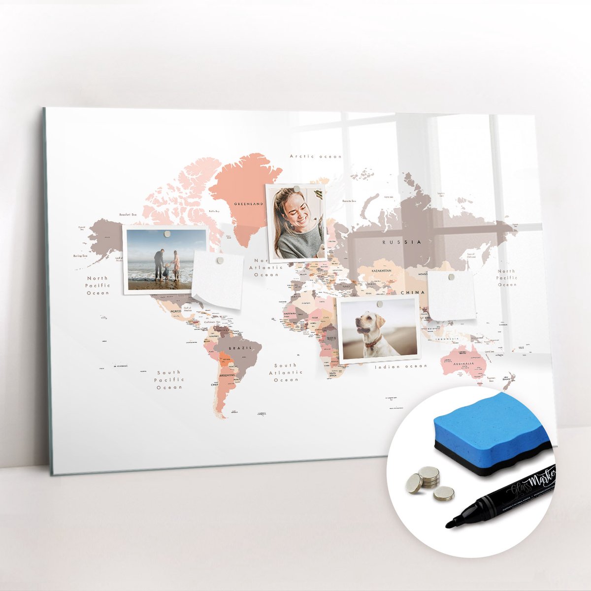 Tulup Whitebord - Universele wereldkaart - 90 x 60 cm - Bruin Magnetisch Memobord - Gratis 5 Sterke Magneten + Whiteboard Marker & Wisser - Organizer Muur - Magneetbord Design - Planning Muur
